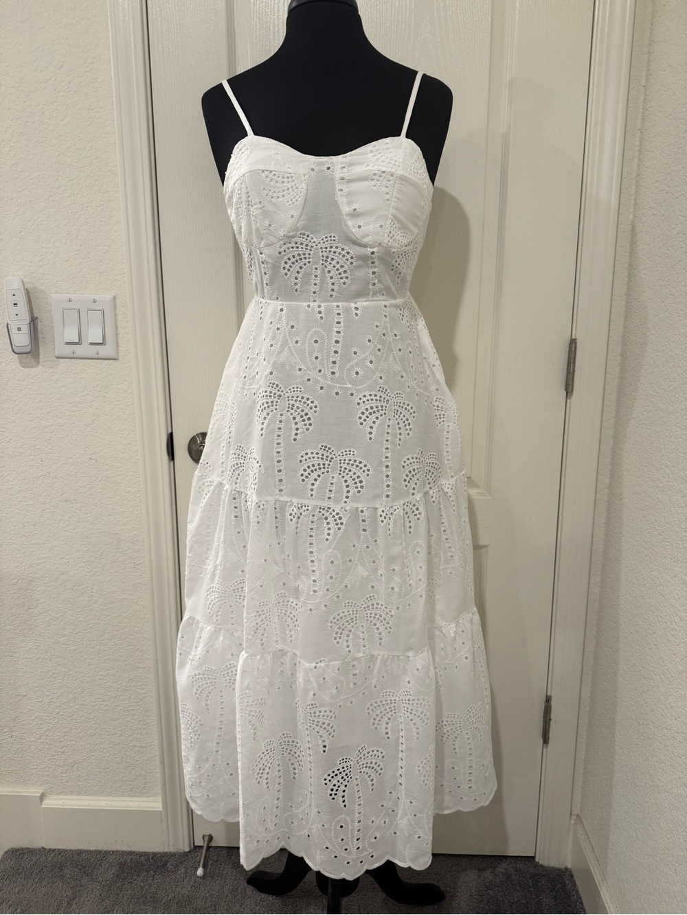 White Eyelet Midi Dress with Spaghetti Straps